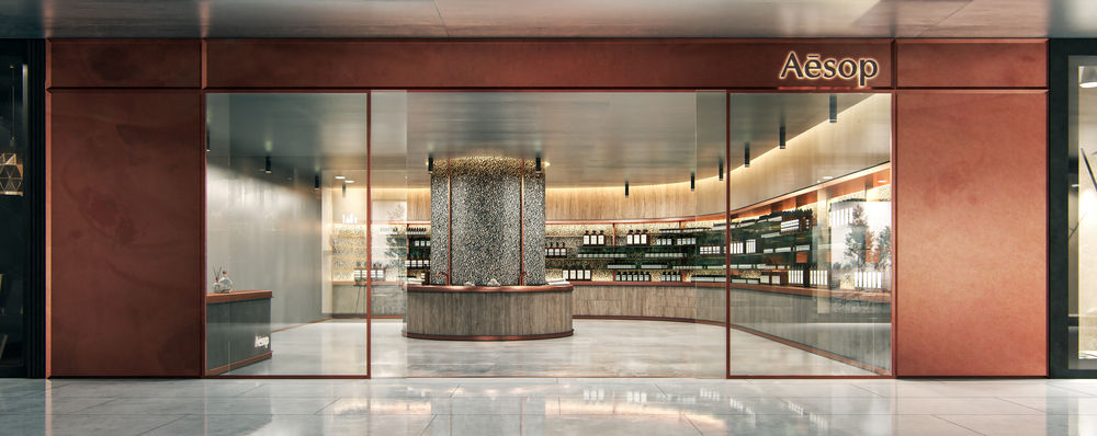 AESOP shop project, Morphwork architect, stone and brass, skincare products, brand image, shopping experience, luxury, elegance, quality, immersive, expert images
