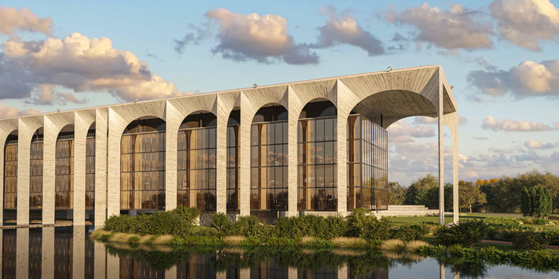 Architecture visualisation of Palacio Mondadori by Oscar Niemeyer in a beautiful day