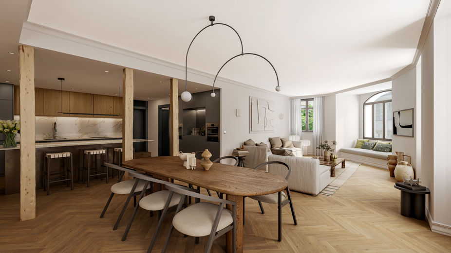 Stylish interior 3D visualisation of kitchen and living room in a expensive house.