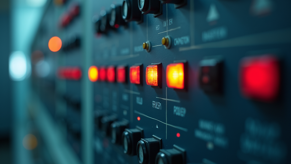 Close-up view of a PLC control panel with indicators and buttons