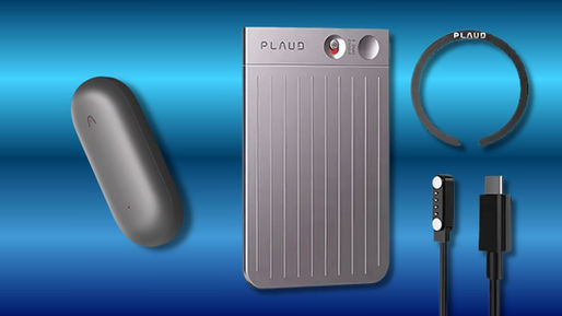 Plaud Note AI Voice Recorder with magnetic clip, wearable band, and USB-C charging cable on a blue background