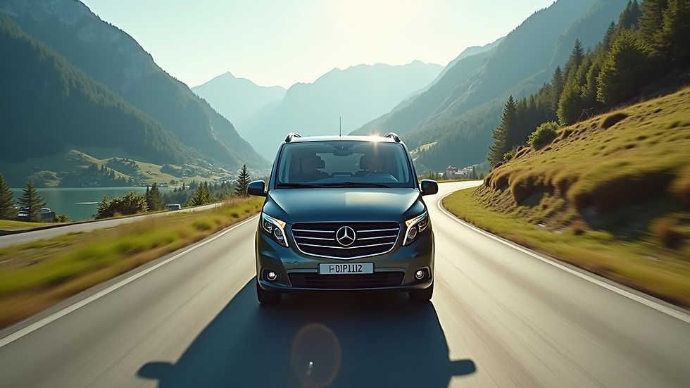 High angle view of a luxury minivan driving on a scenic road near Mendrisio