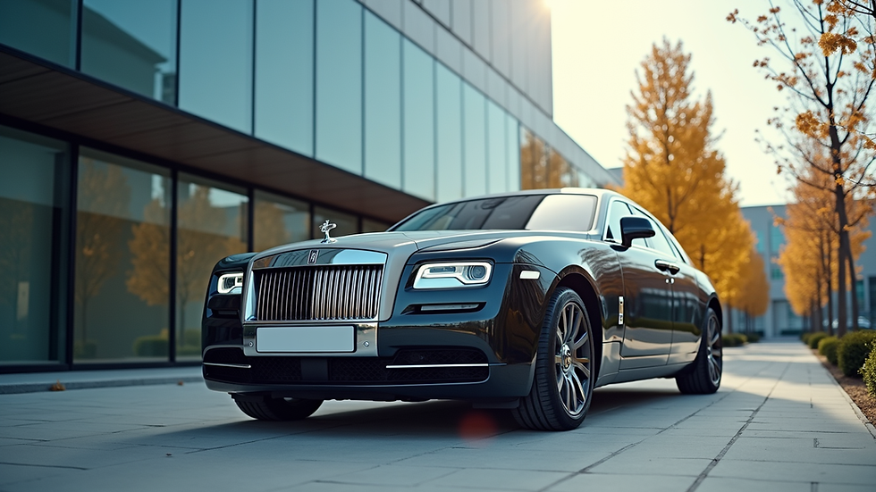 Eye-level view of a luxury car parked in front of a modern office building