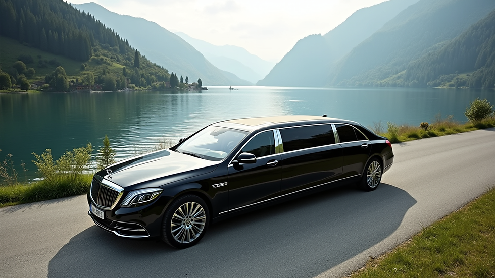 High angle view of a luxury limousine parked near a lake in Mendrisio