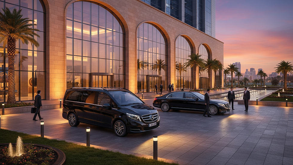Wide angle view of a luxury minivan parked outside a conference center