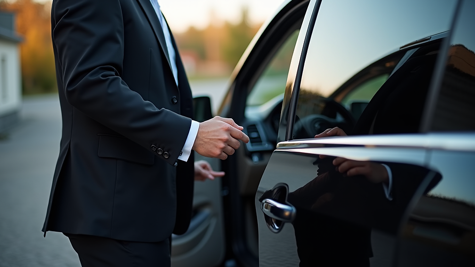 Close-up view of a professional chauffeur opening the door of a luxury minivan
