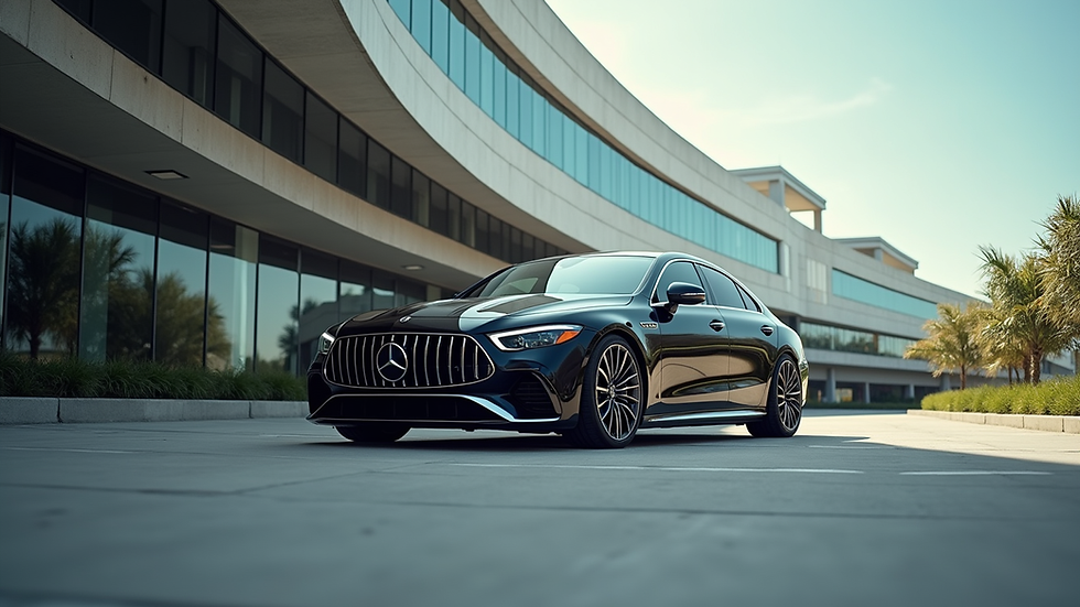 Eye-level view of a luxury car parked in front of a modern building