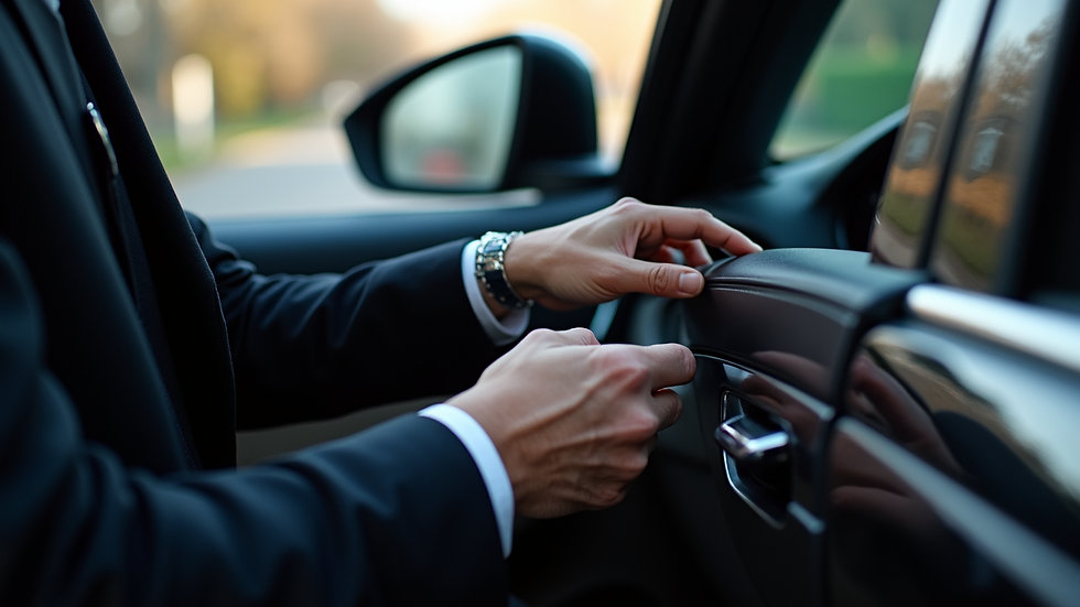 Close-up of a professional chauffeur opening the door of a luxury car