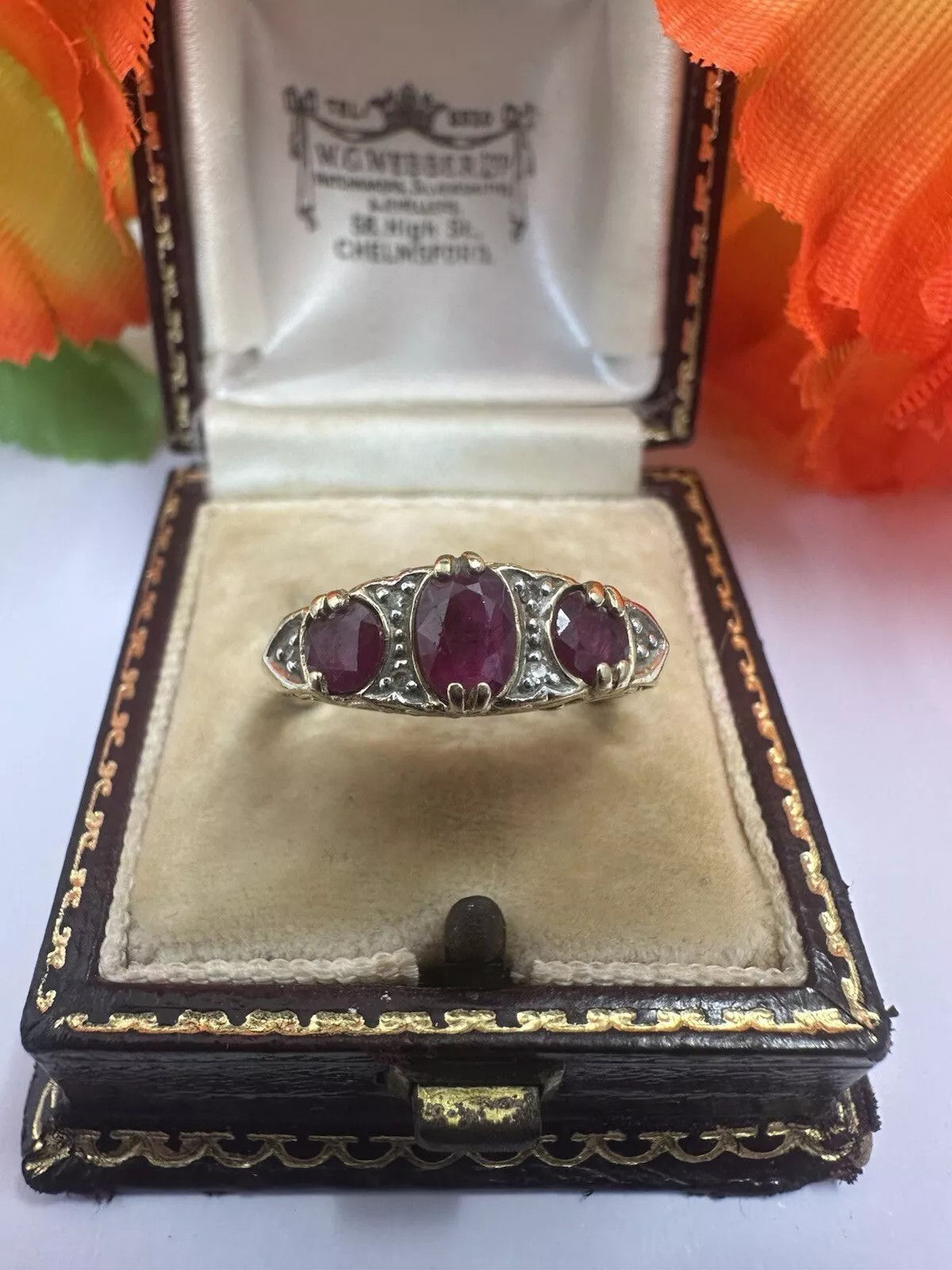 Pretty Ruby/diamond 9ct 3 Stone Ring Hallmarked