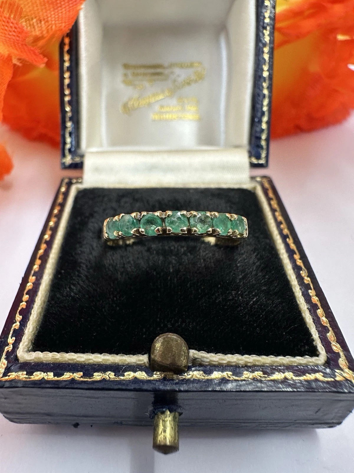 9ct Gold Emerald 7 Stone Band. Yellow Gold