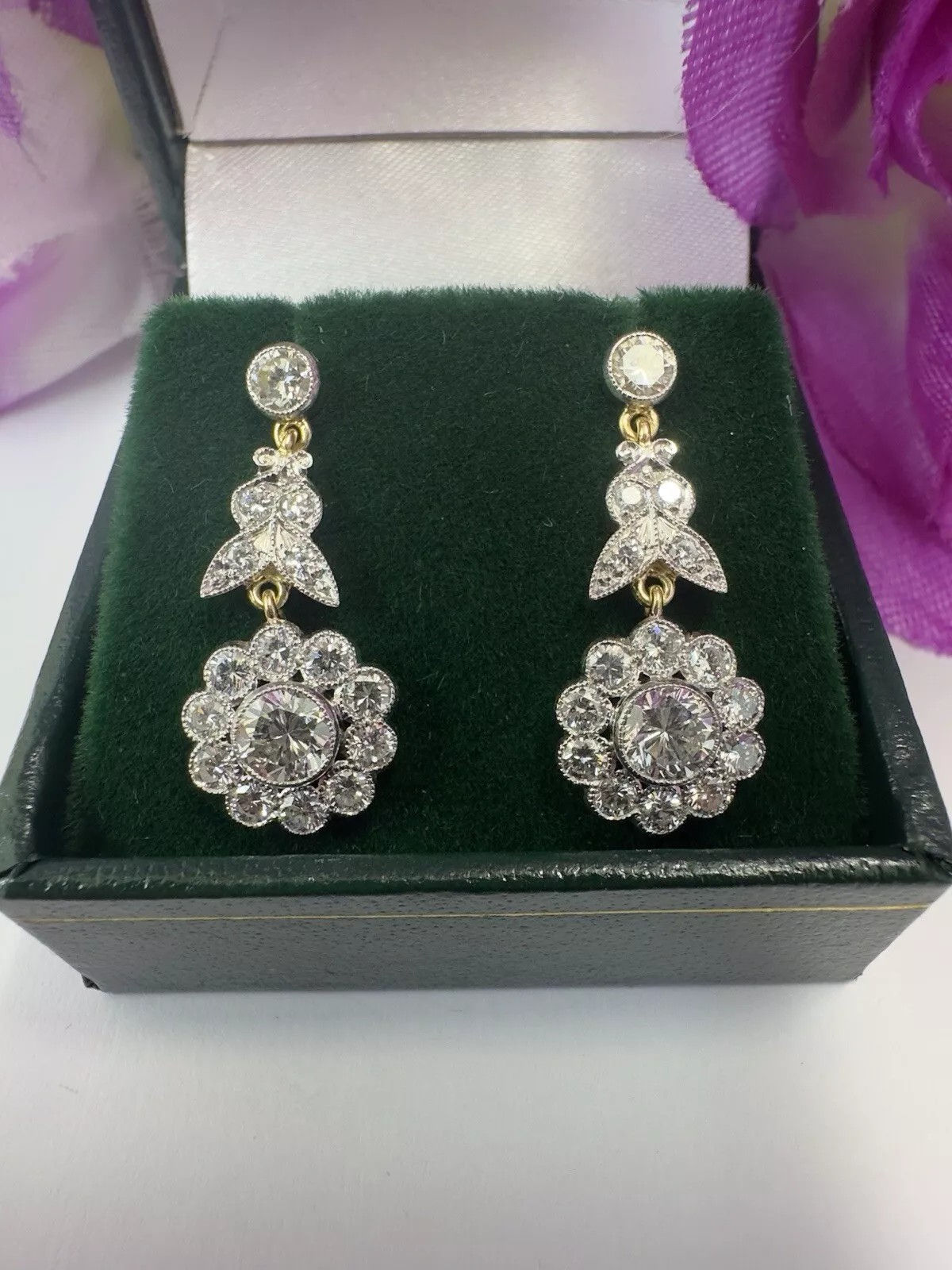 1930s Diamond Cluster Drop Earrings. 2.30ct Of Top Diamonds. 18k & Platinum