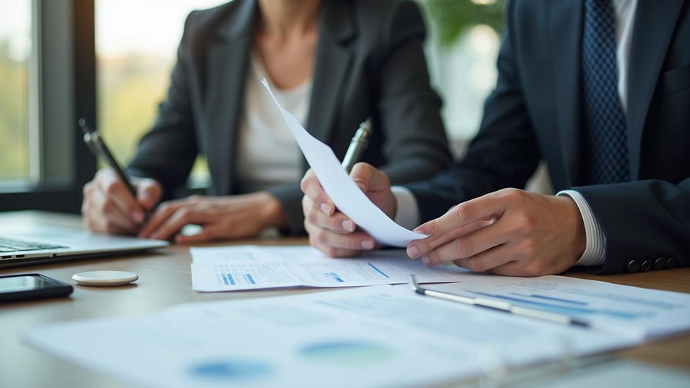 Eye-level view of a tax professional reviewing documents with a client