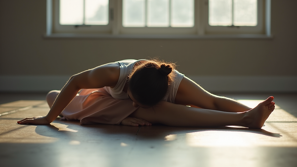 Close-up view of a dancer stretching on the floor in a studio