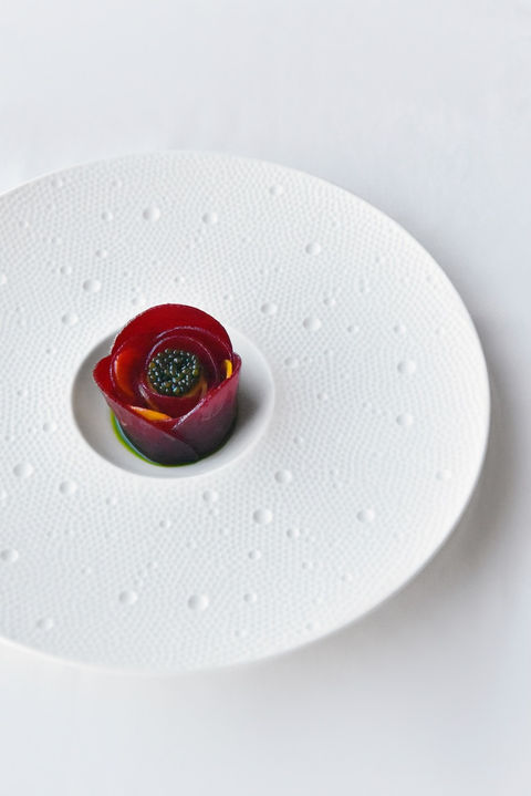 Elegant plated French tasting menu at L’Arôme in the Sky Michelin-guide restaurant
