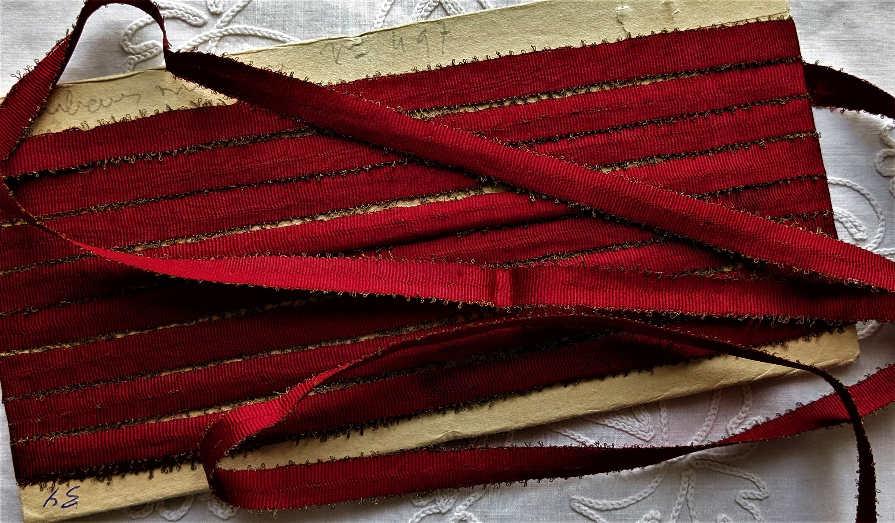 Antique Silk Ribbon Red w/Gold Metallic Picot Edge Ribbon Work