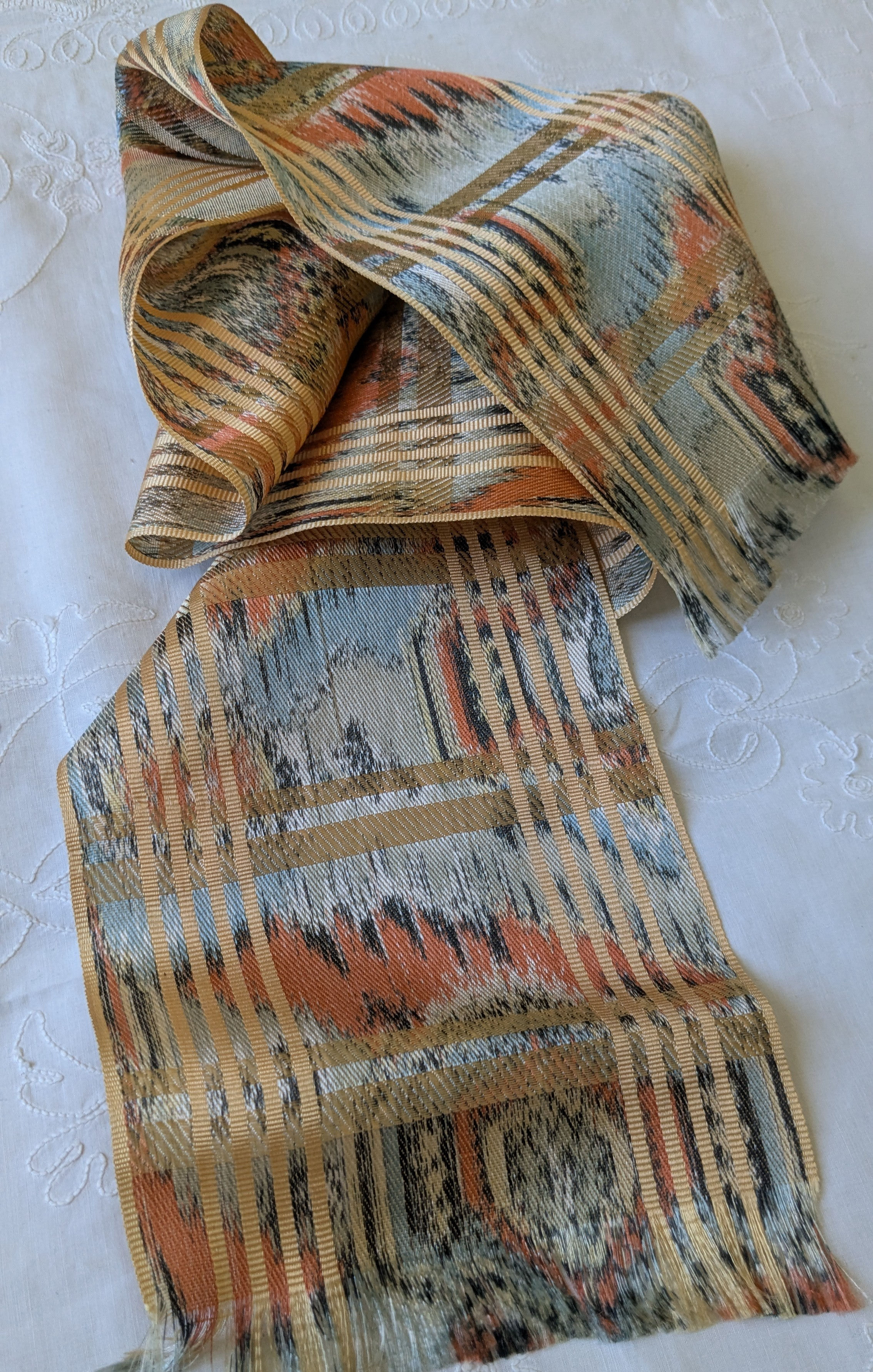 Vintage Wide French Silk Ribbon Blurred Ikat Look