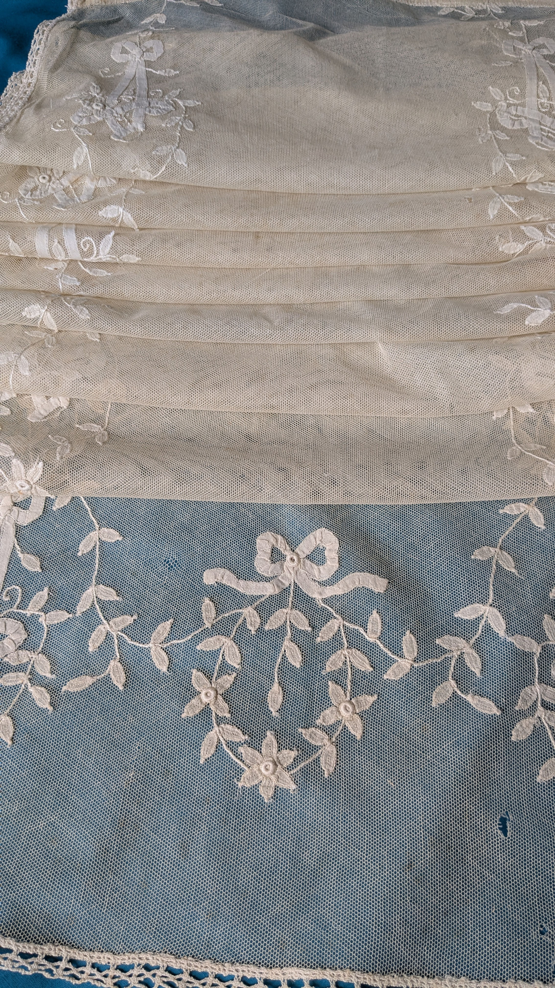 Early 1900's French Tulle Curtain Panel Hand Applied Lace