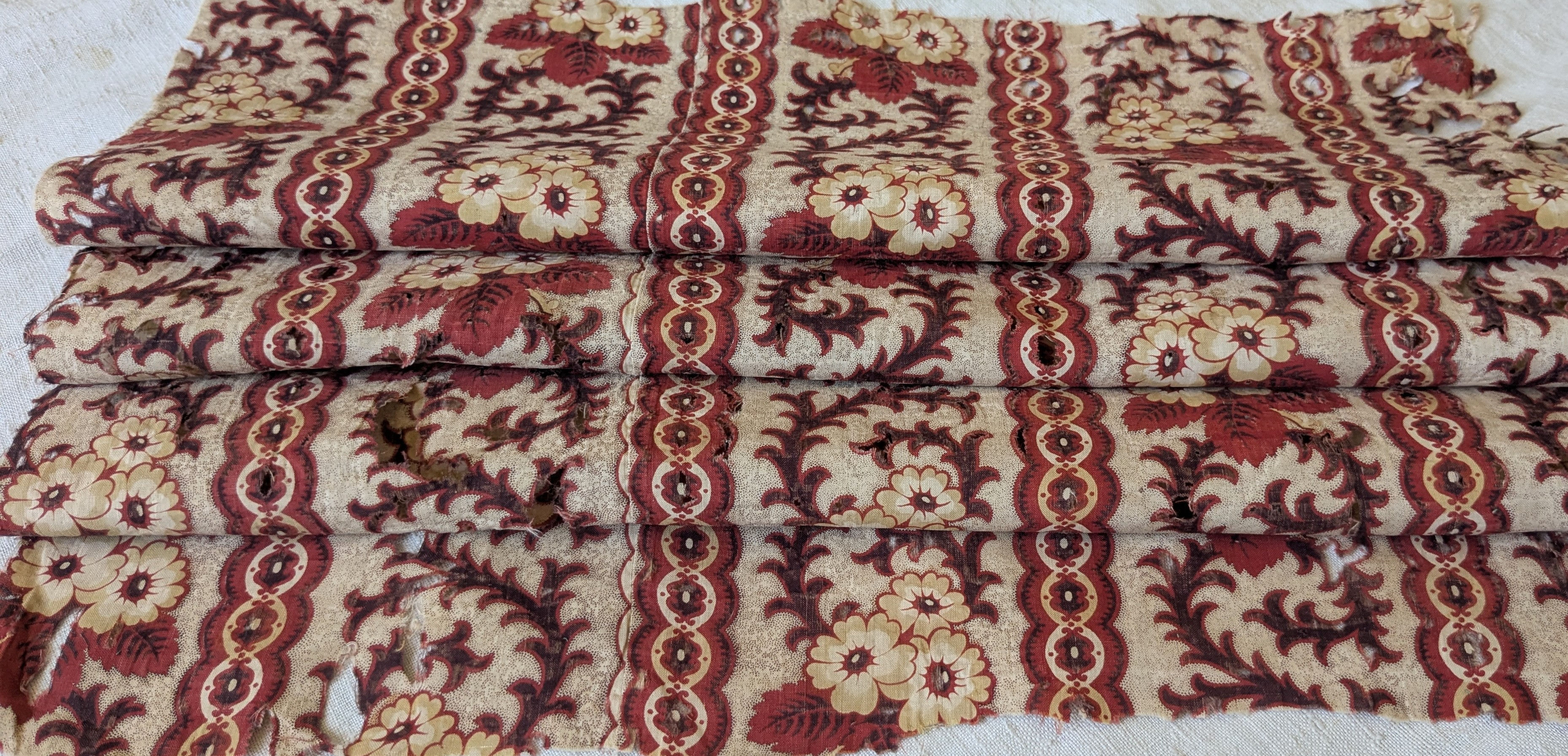 A 19th Century French Cotton Roll Print Fabric Florals Scrolled Leaves