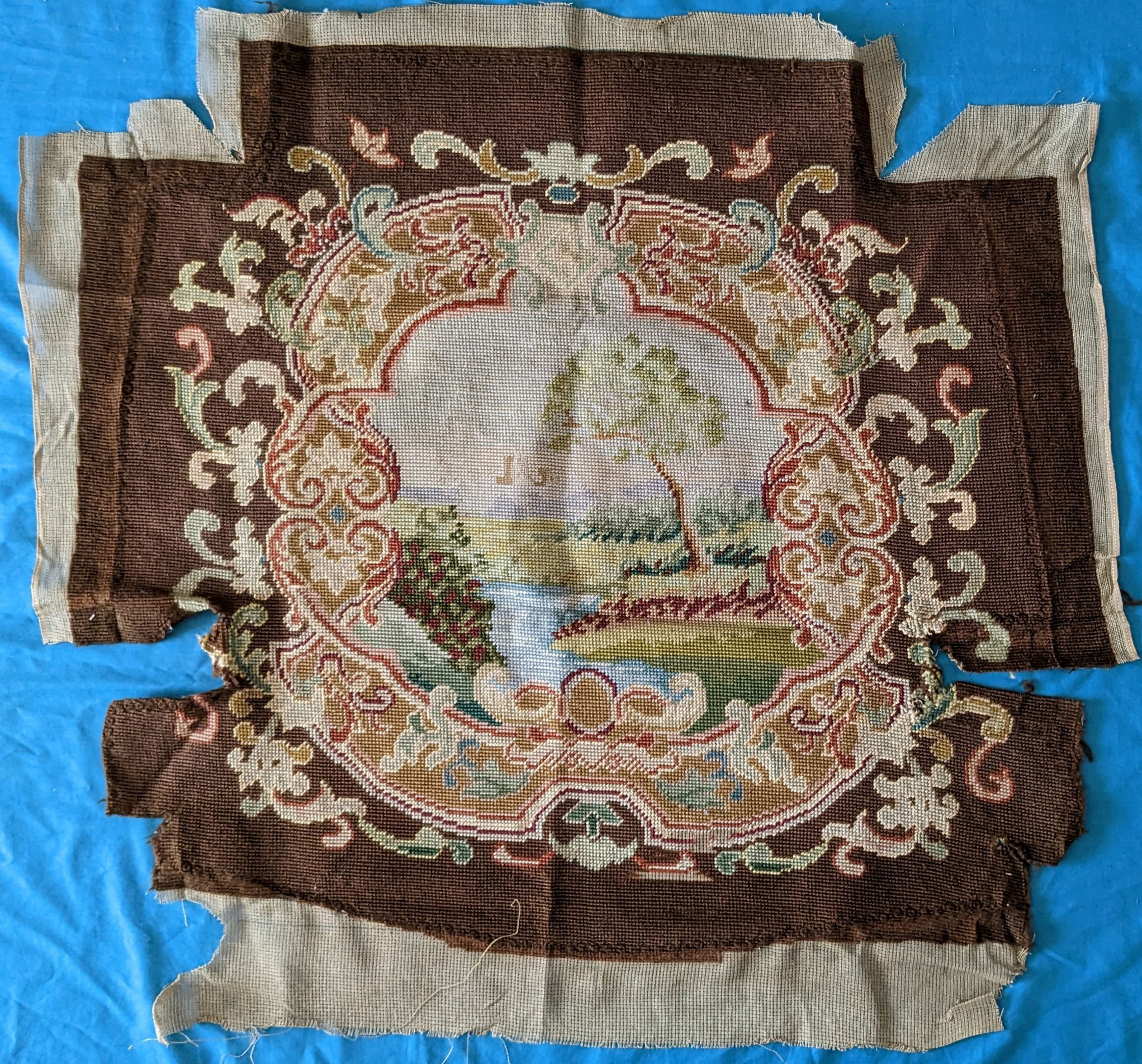 Antique Needlework Chair Cover Scene of Tree & Lake Hand Done