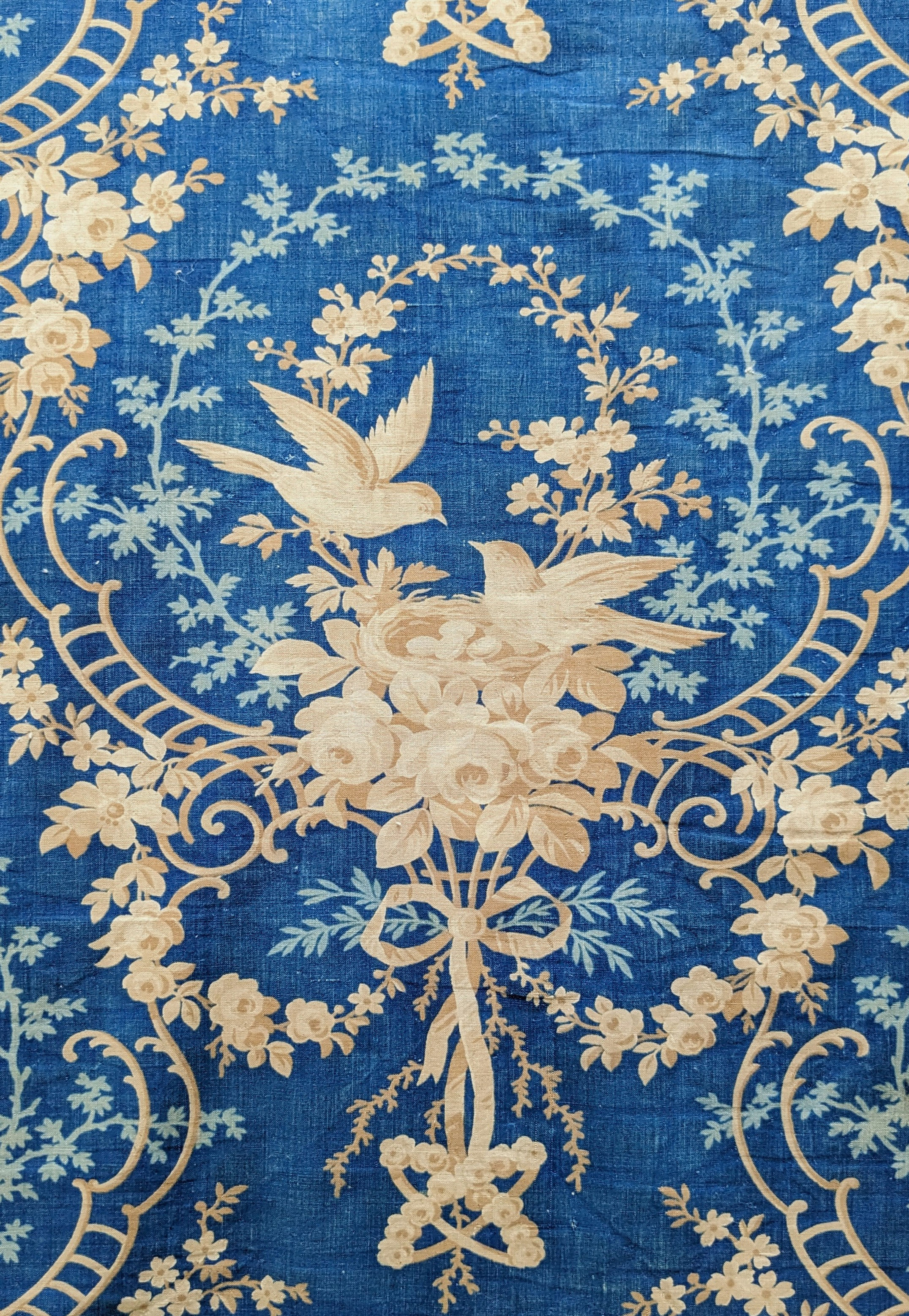 Lrg. 19th Century Toile Panel Birds Nesting Florals