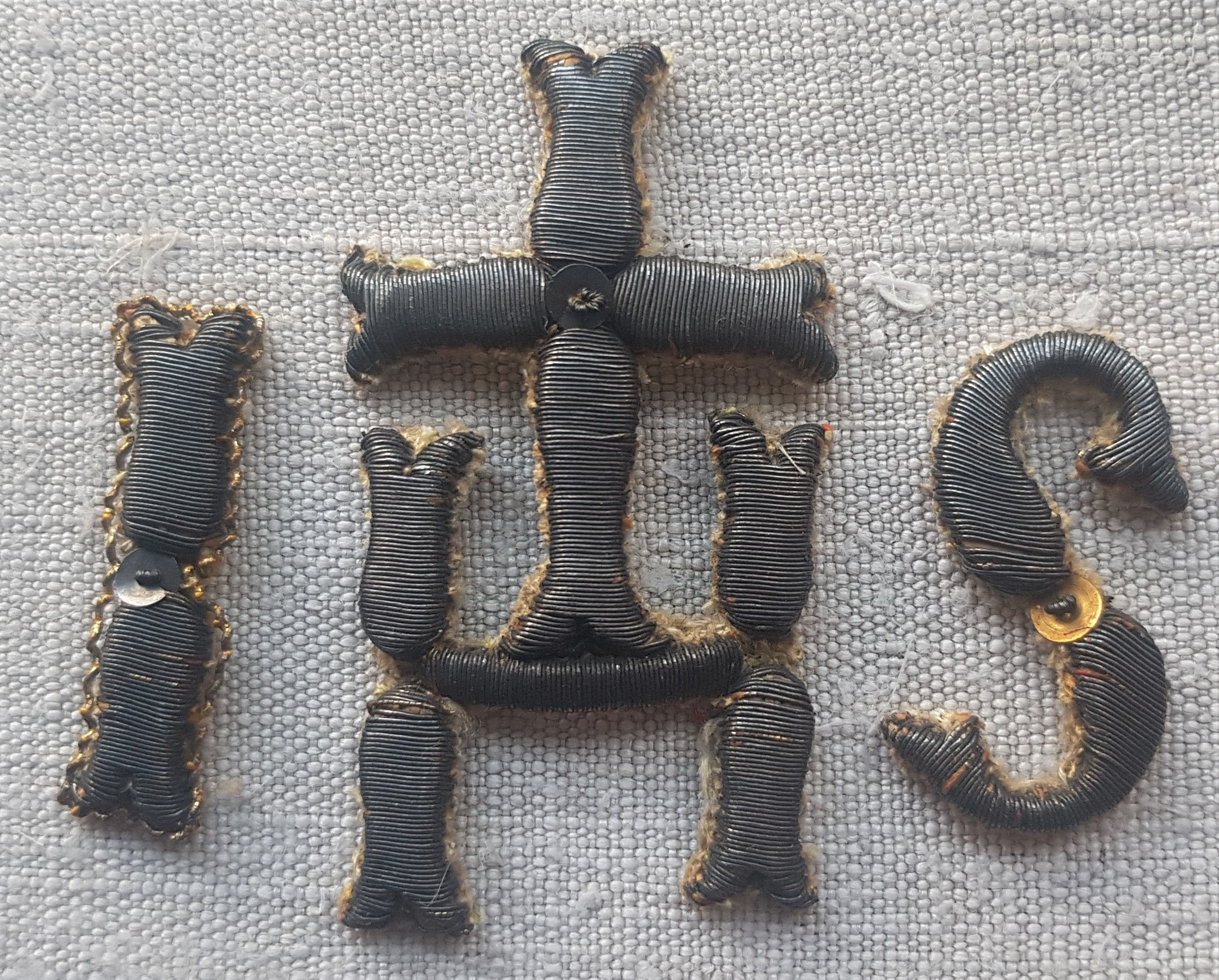 Antique Gold Metal Thread "IHS" Applique