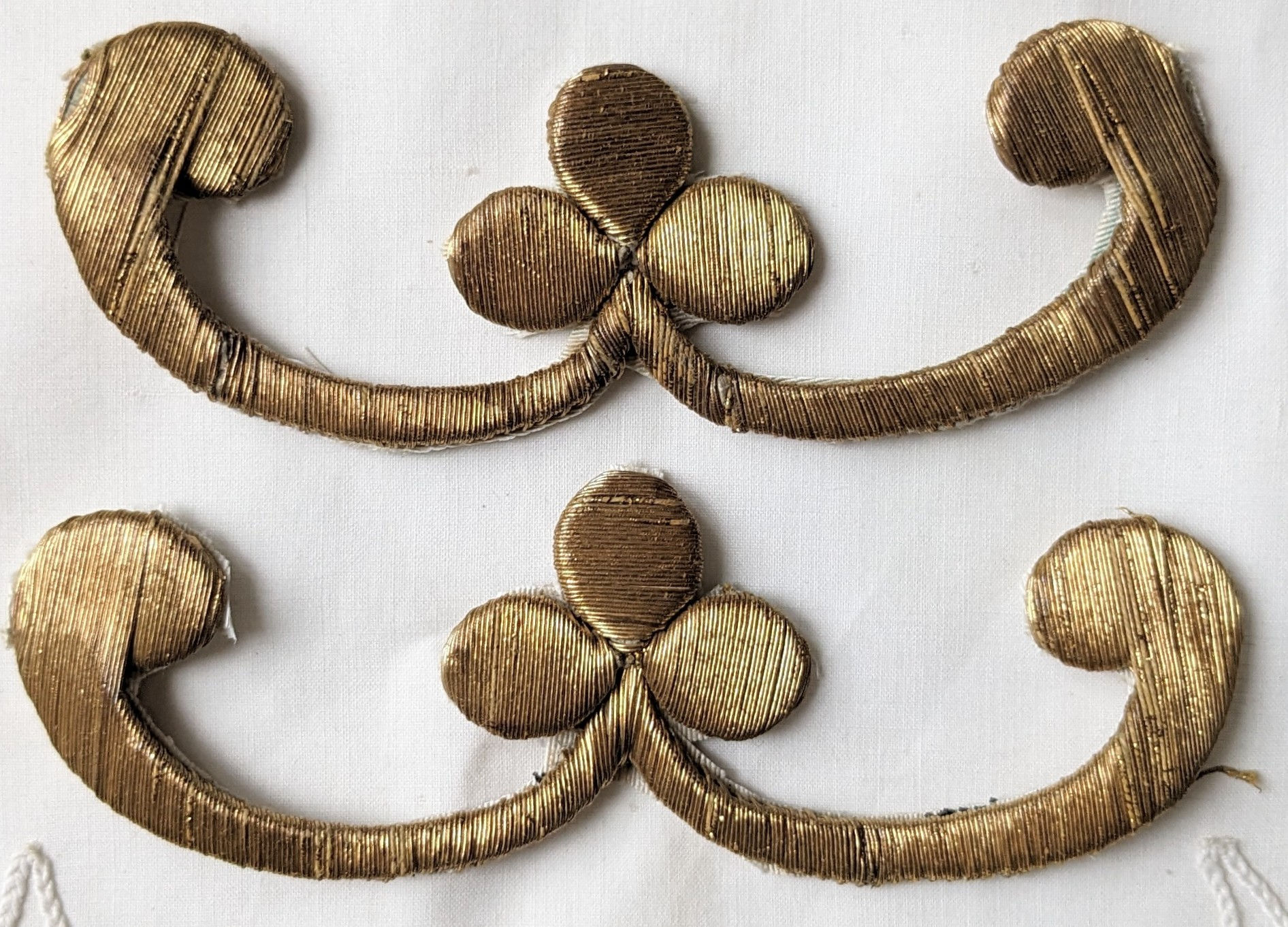Lot of 2 Antique Gold Work Embroideries Clover & Scrolls