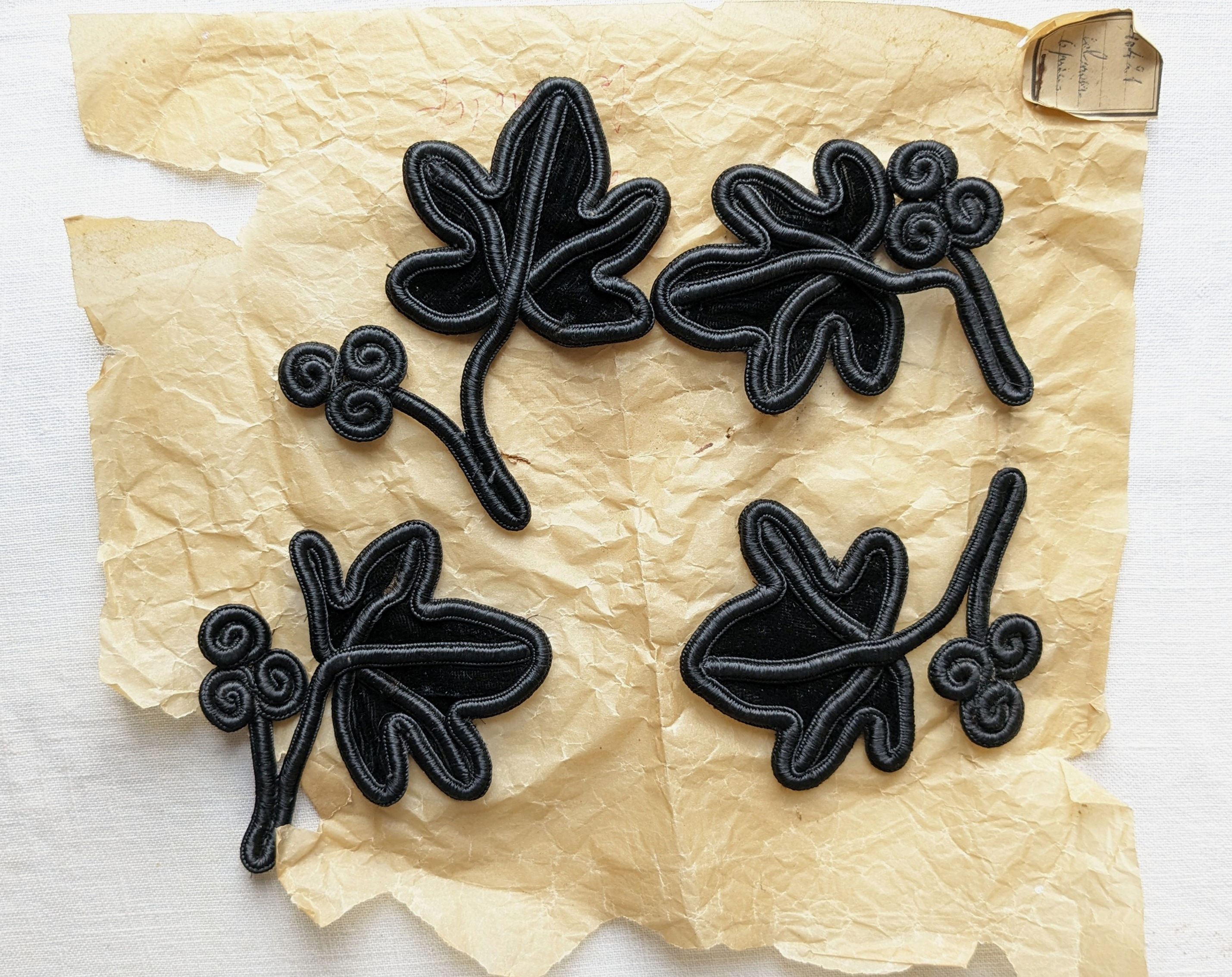 Antique Victorian French Appliques Leaf Shape Black Velvet