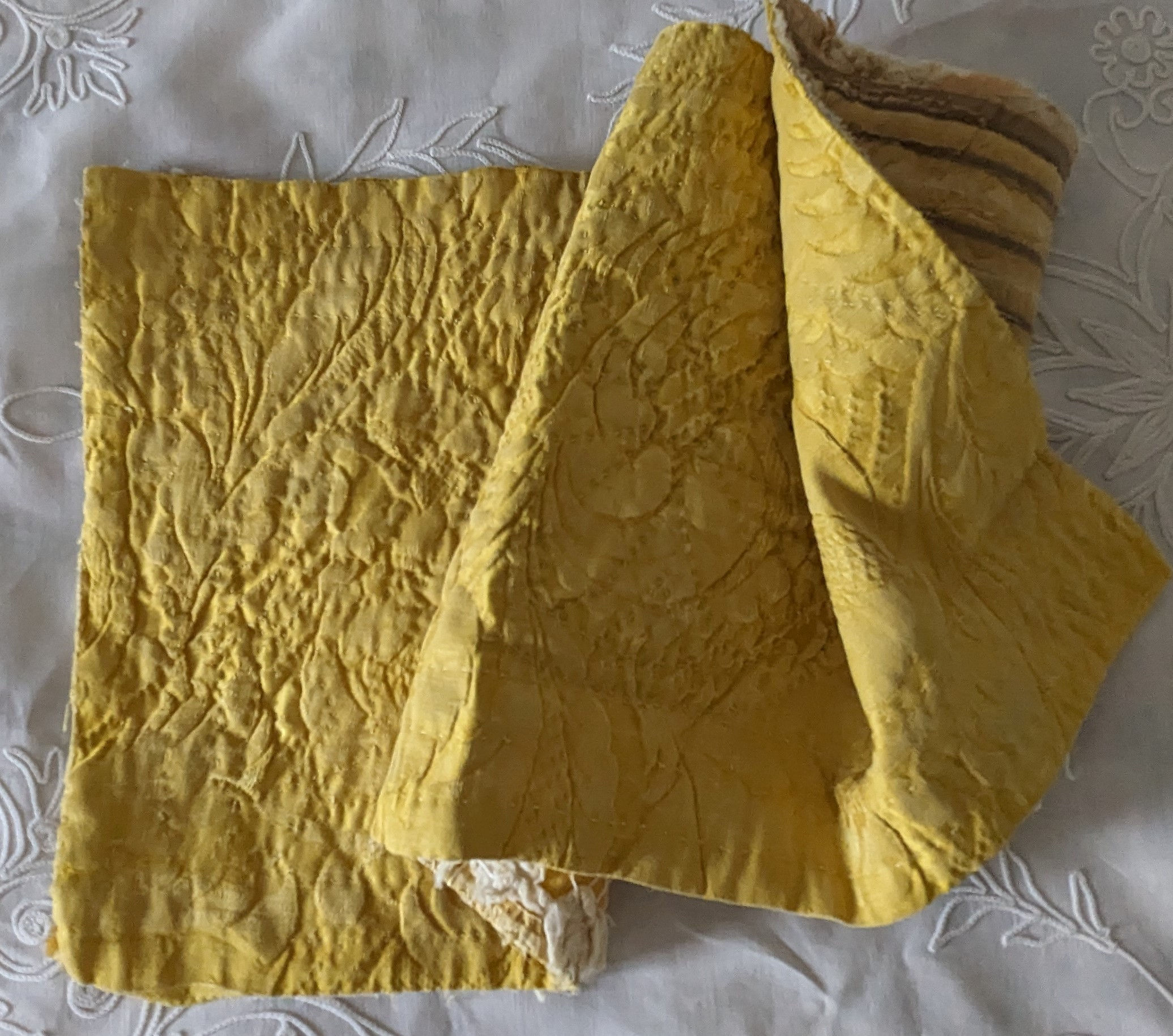 Jeweled Yellow Silk Damask 19th Century Quilt Fragment French