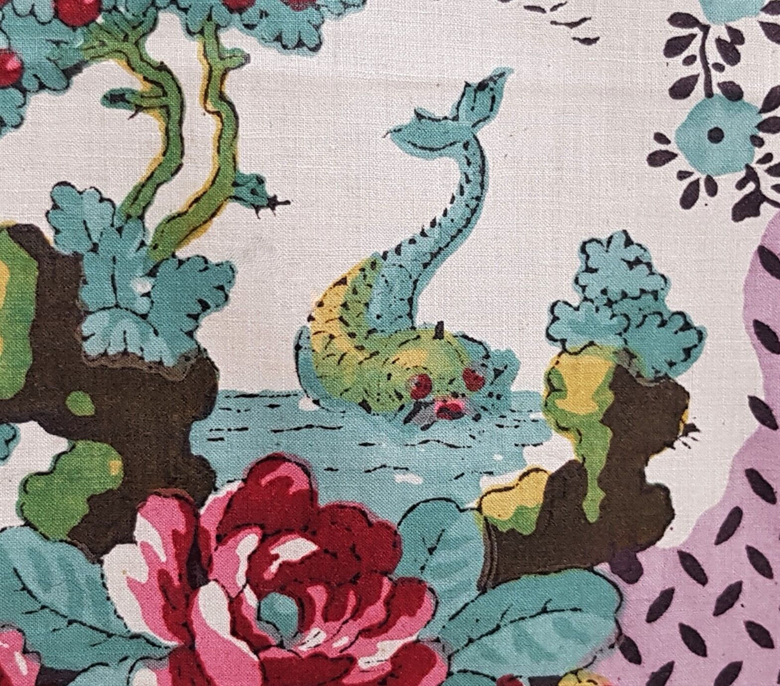 Stunning Antique French Cotton Chintz Fabric Sea Monsters