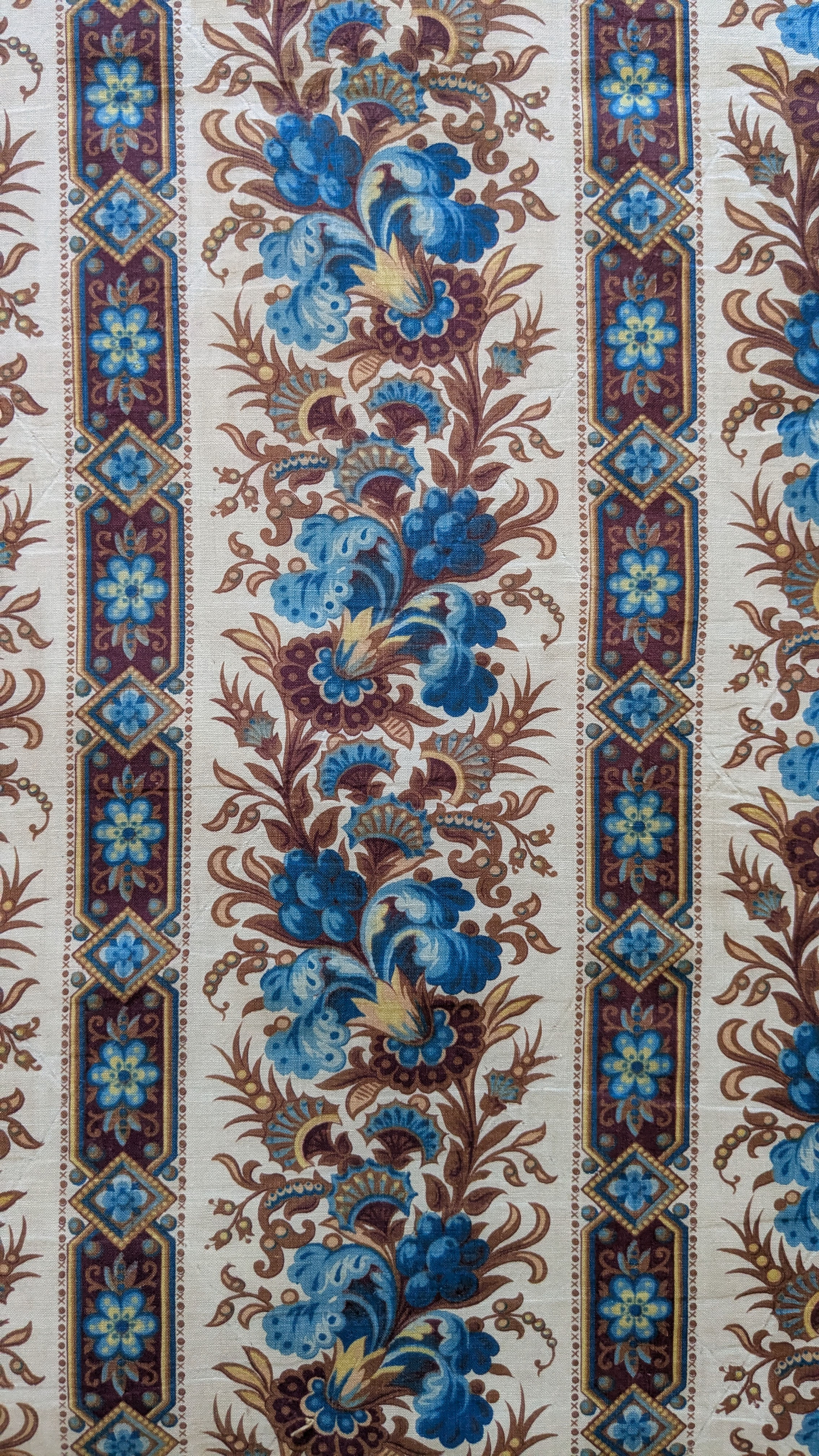 A 19th Century French Cotton Roll Print Fabric Rich Browns Blues
