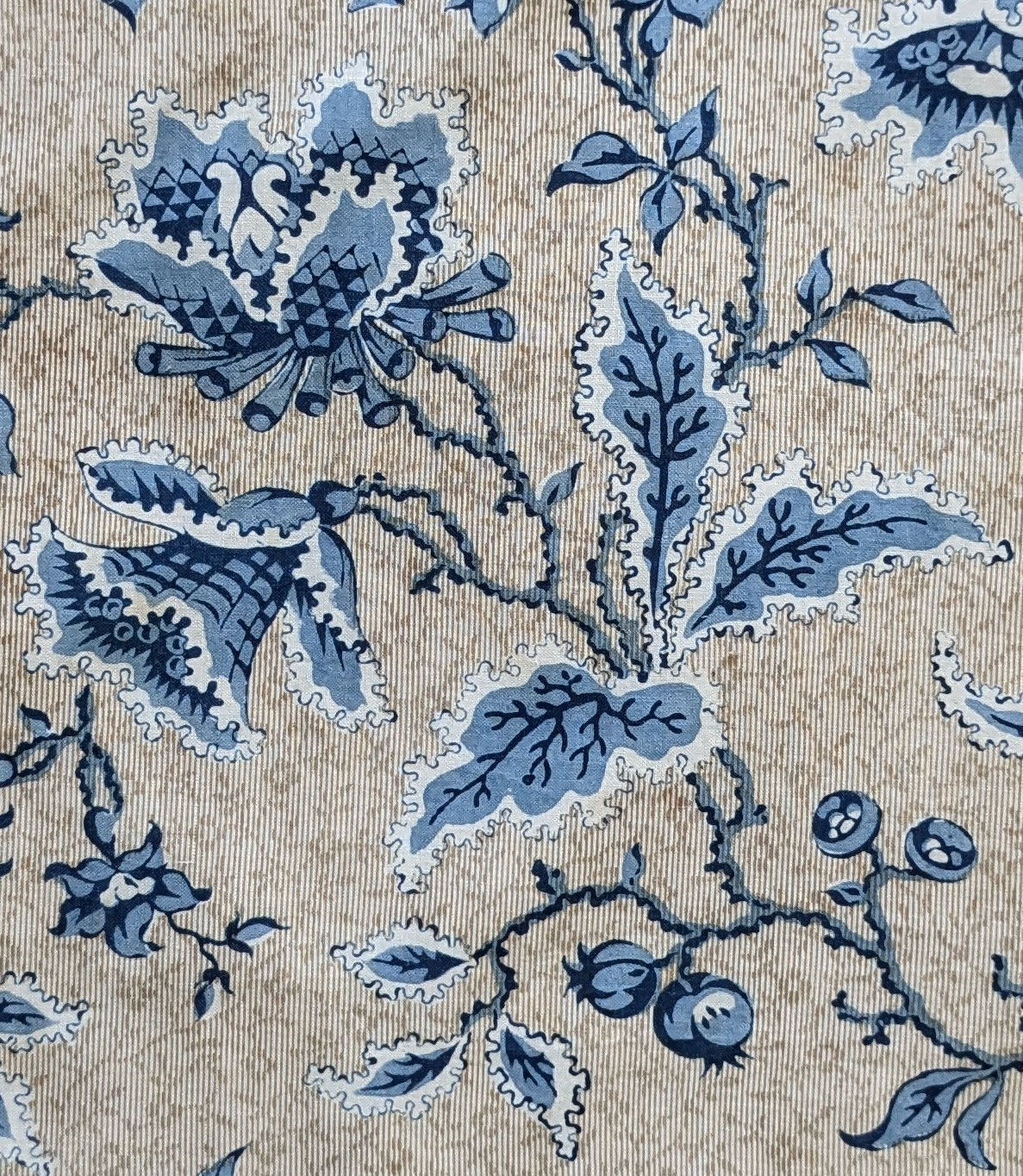A 19th Century French Cotton Chintz Fabric Blue White Florals