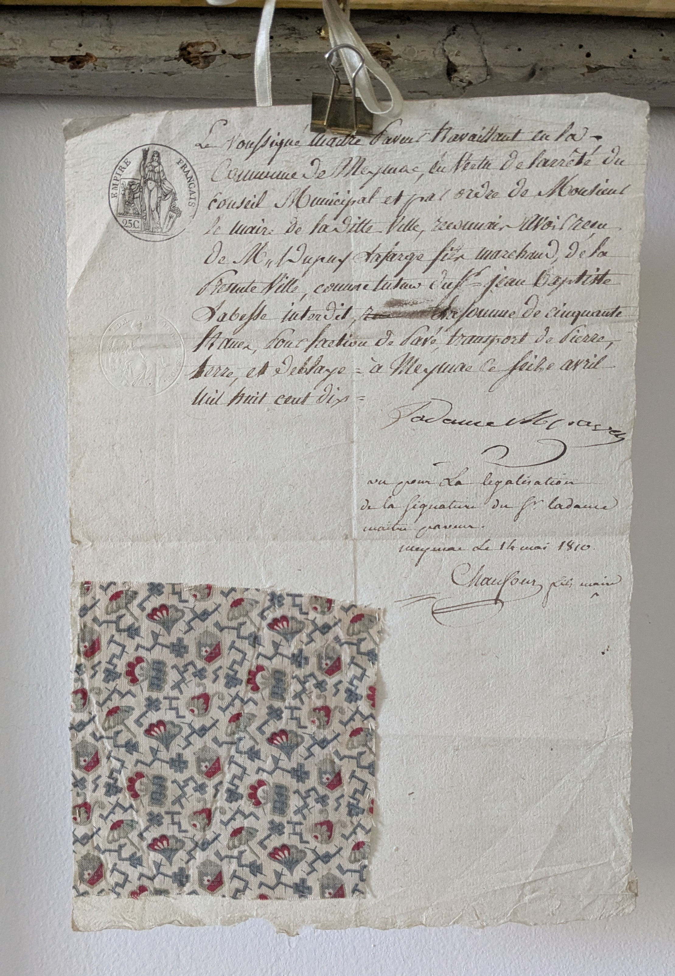 #2A 19th Century French Cotton Fabric Sample on French Letter