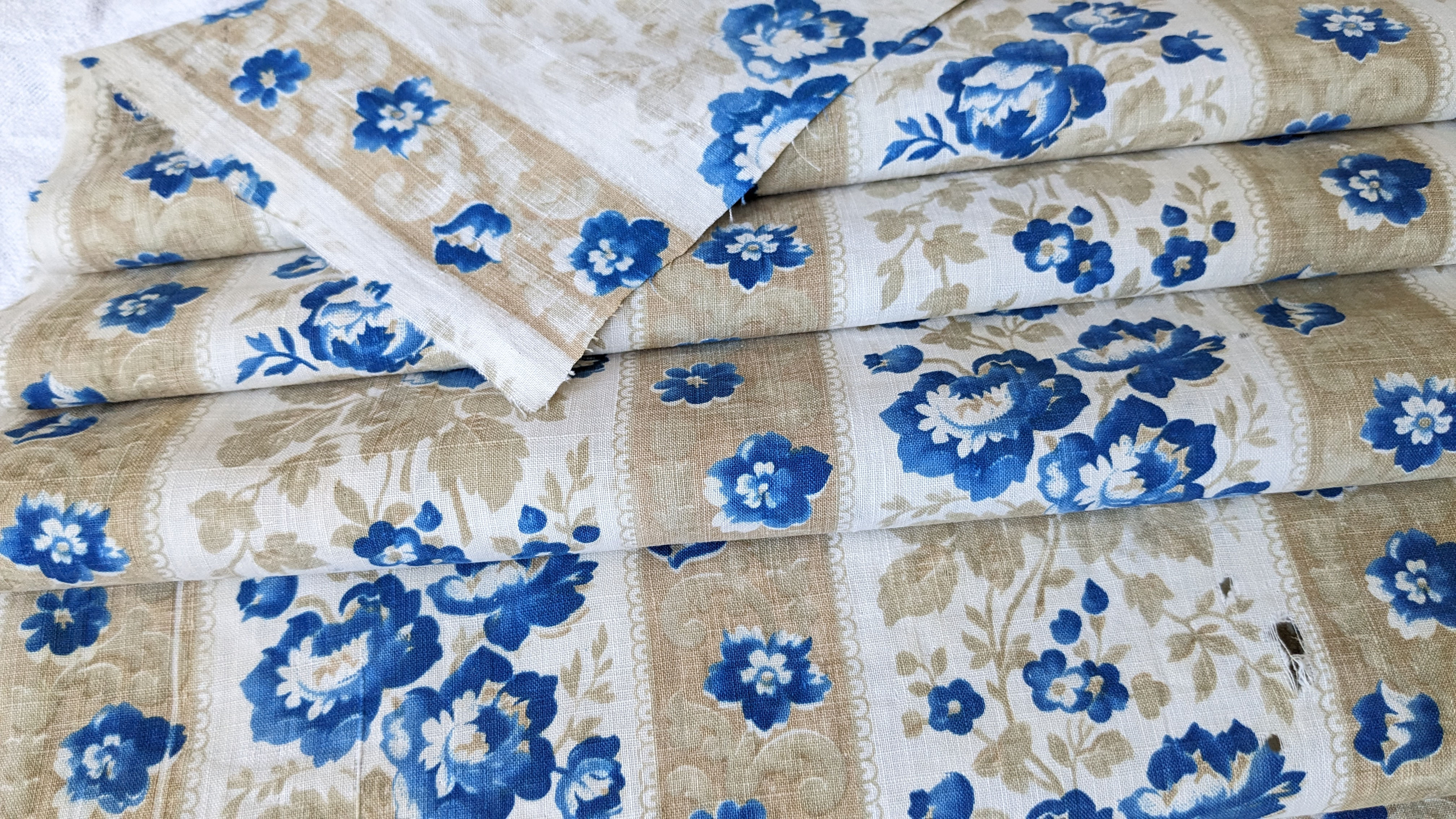 Late 1800's French Cotton Roll Print Blue Roses & Florals