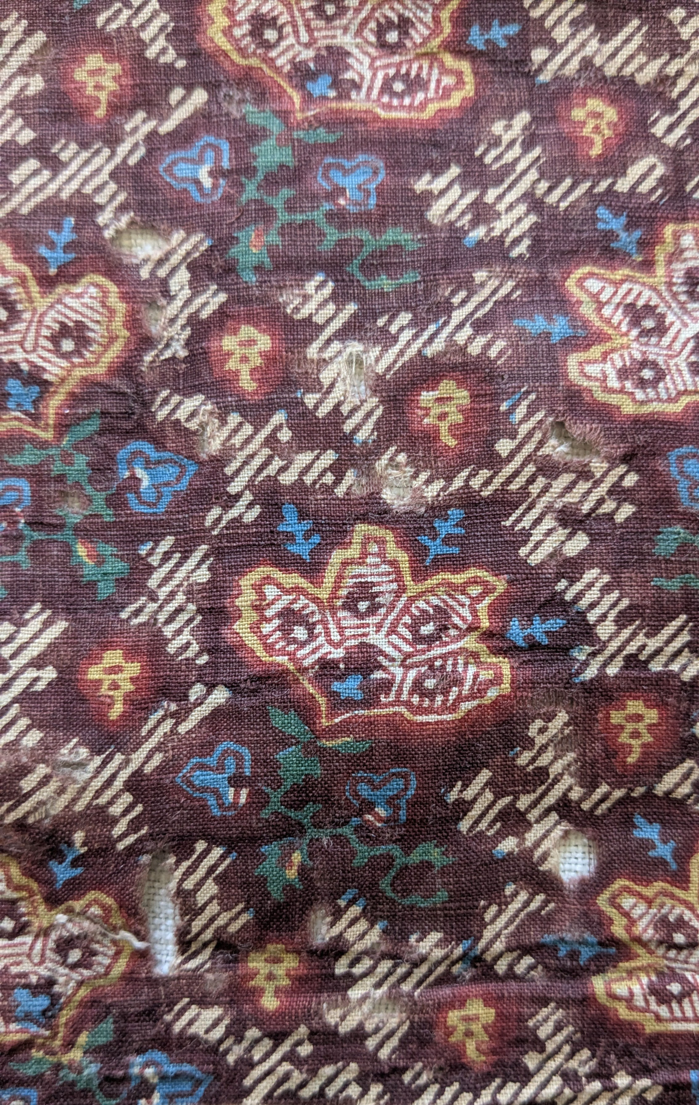 A 19th Century French Cotton Block Print Ditressed Fabric Stylized Flor