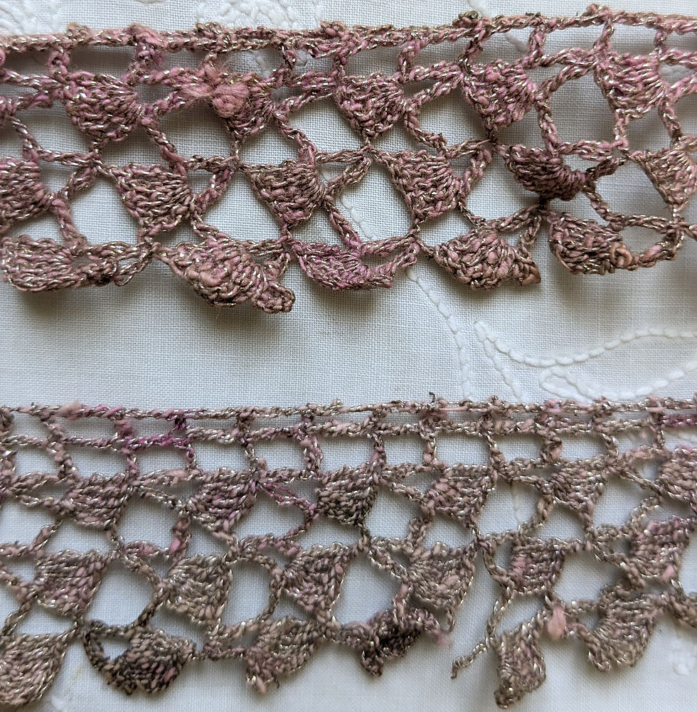 Thumbnail: Long Length Late 1800's Ottoman Crochet Lace w/Silver Metallic Accent