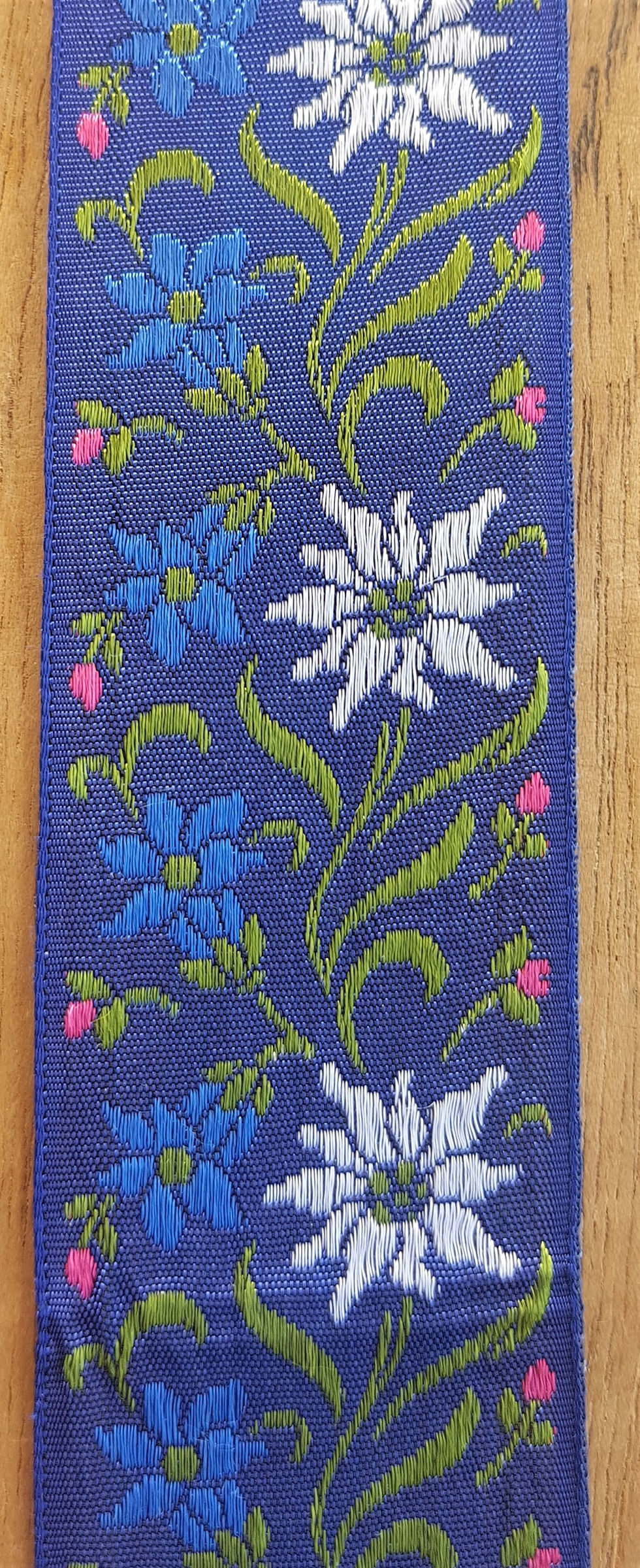 Thumbnail: Vin. Silk Ribbon Trim Floral Leaf Design Dark Blue ,Pink, Green and White,