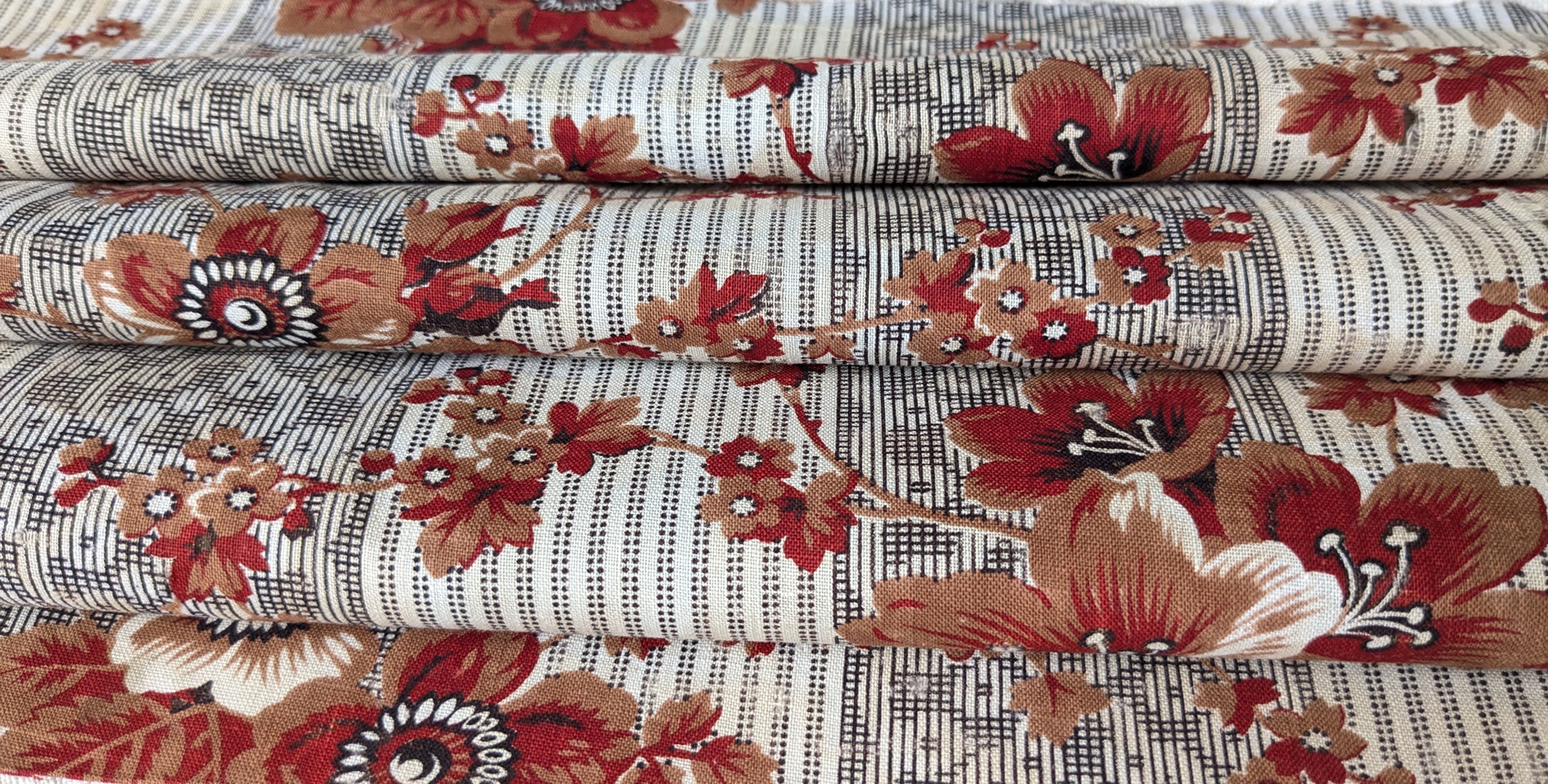 A Late 19th Century French Cotton Roll Print Florals & Leaves