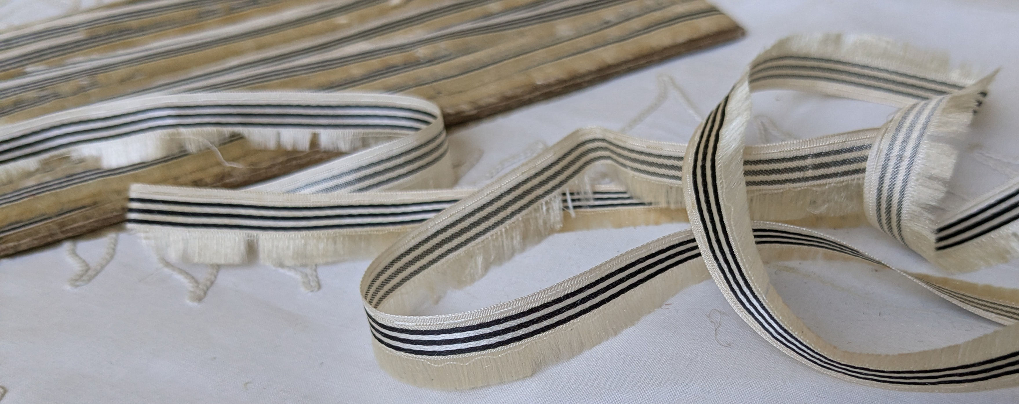 RESERVED!An Antique Silk Ribbon Fringe Antique White Black Stripe 18 meters