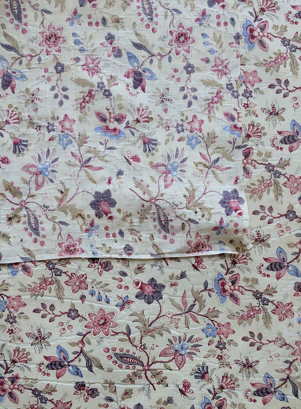 Thumbnail: Early/Mid 1800's French Cotton Block Print Fabric Butterflies & Insects