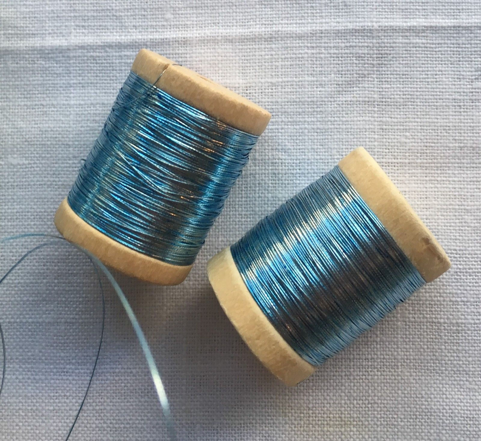 Wooden Spool of Vintage Blue Metallic Thread Flat French