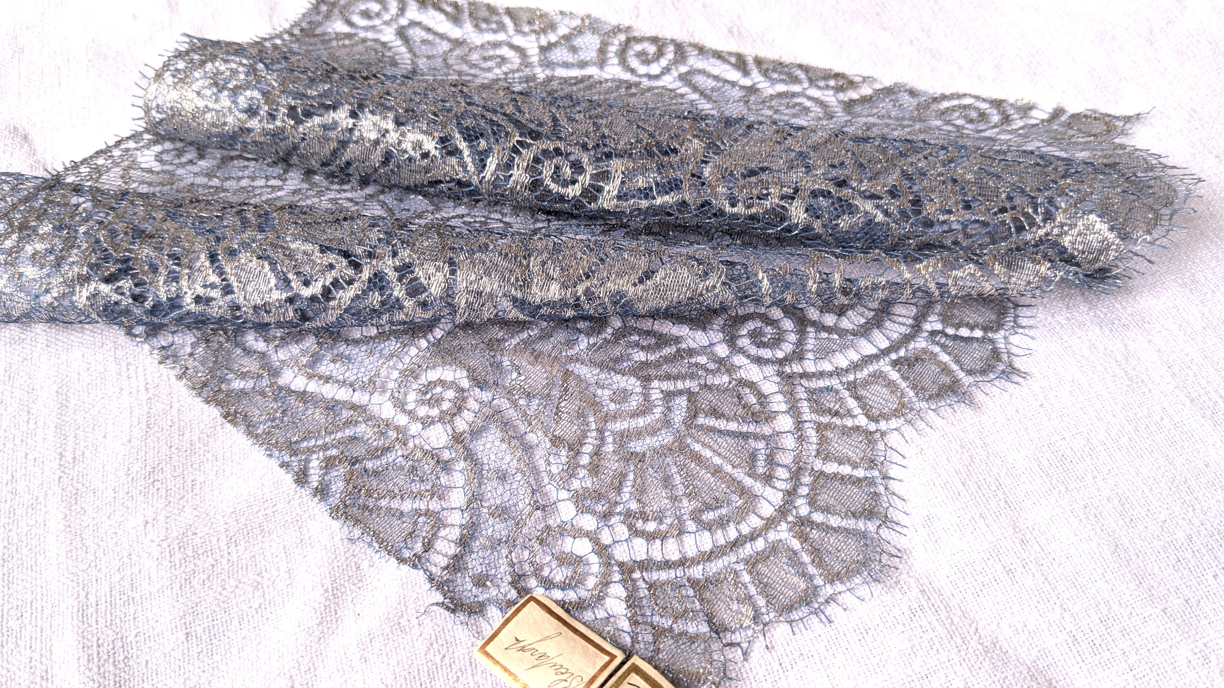 Vintage French Silver Metallic Lace w/Light Blue