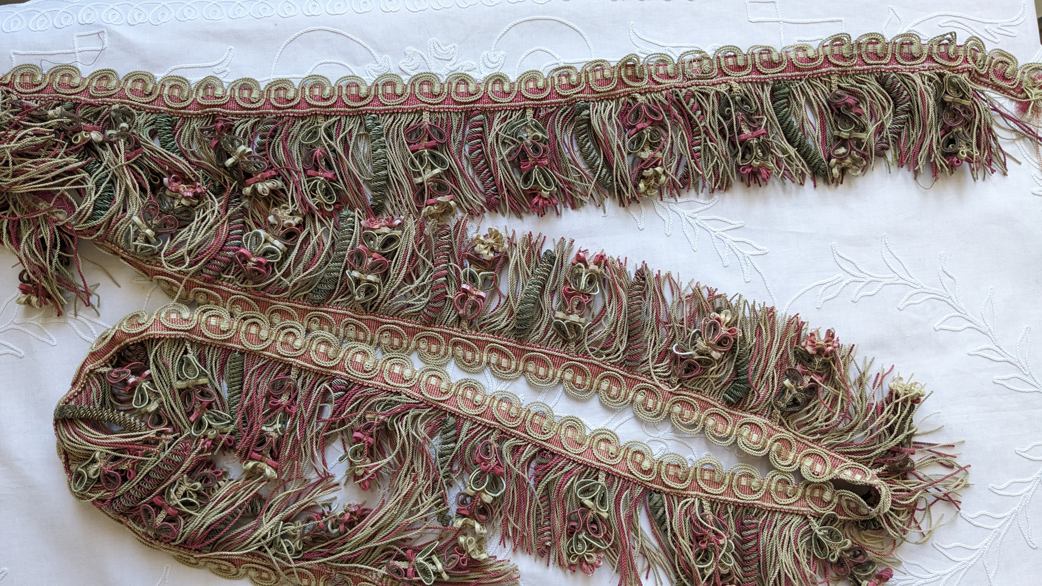 Antique French Cotton Fringe w/Ribbonwork Caterpillar Accents