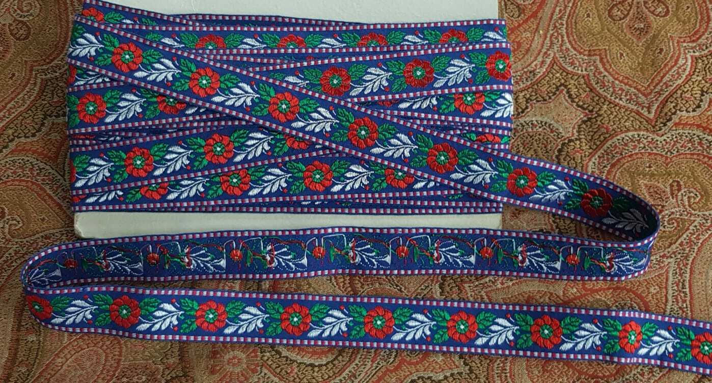 Vin. Silk Ribbon Trim Floral Leaf Design Bright Red, Green Silver White Blue
