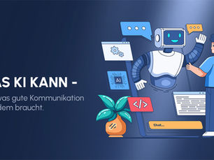 Illustration eines freundlich wirkenden Roboters mit Bildschirm-Gesicht, der einem Menschen die Hand gibt. Rundherum schweben Icons zu Chat, Programmierung, AI und Kommunikation. Links im Bild steht der Text: „Was KI kann – und was gute Kommunikation trotzdem braucht.“ Der Hintergrund ist dunkelblau, im Vordergrund ein animierter Stil mit klaren Farben und Tech-Symbolen.