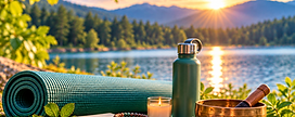 Yoga mat and wellness items beside a peaceful lake