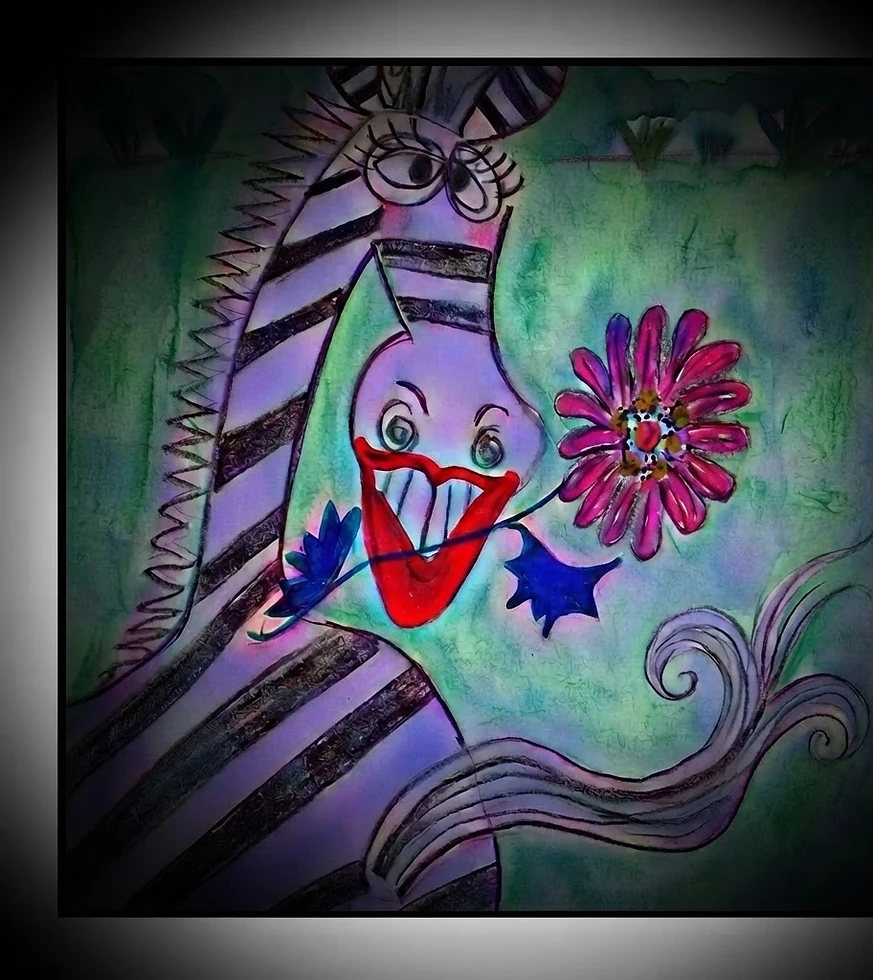 Digital illustration of a quirky hybrid creature, part zebra with sharp teeth and bat wings, holding a vibrant flower. The artwork has a surreal and whimsical feel.