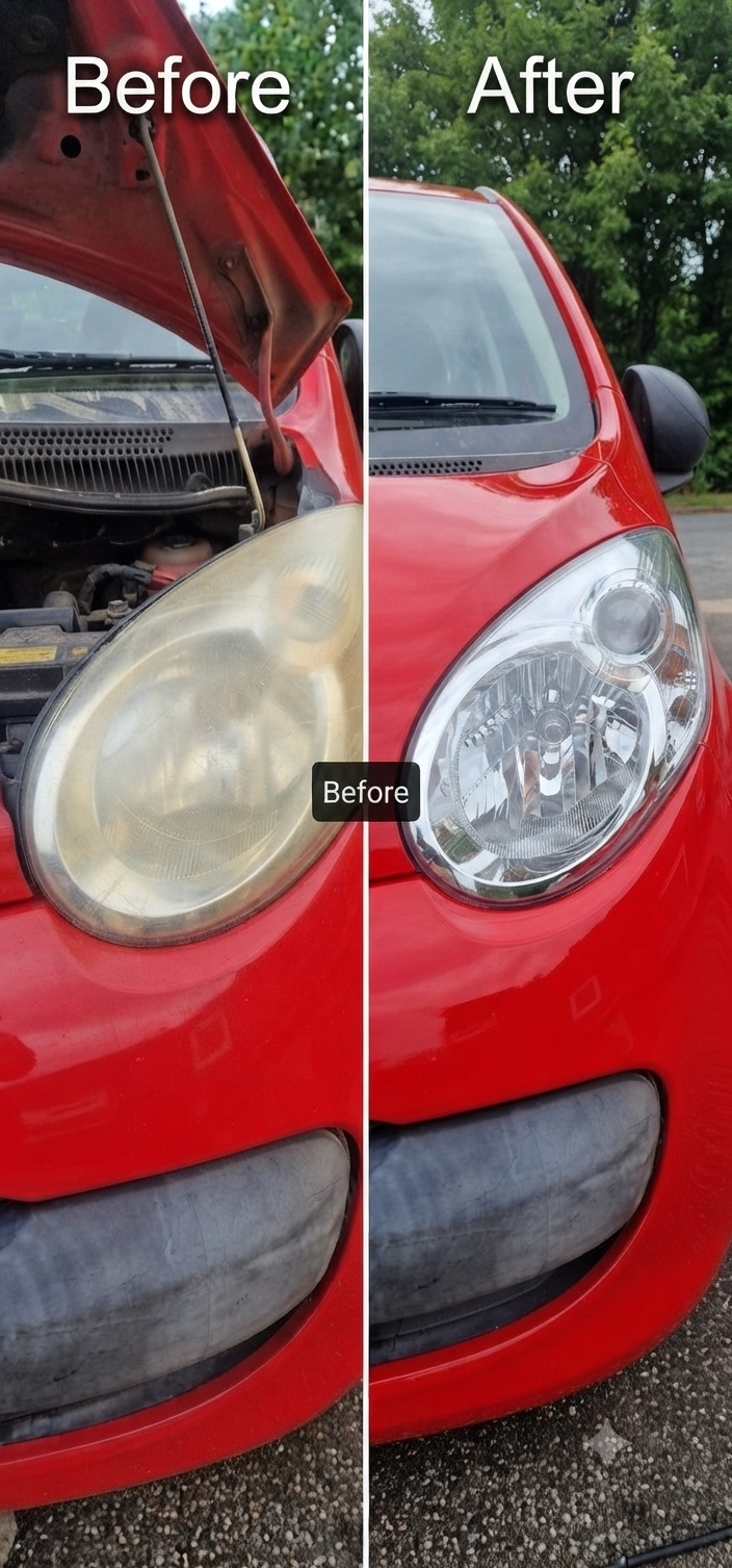 Before and after split image of a red car headlight restoration