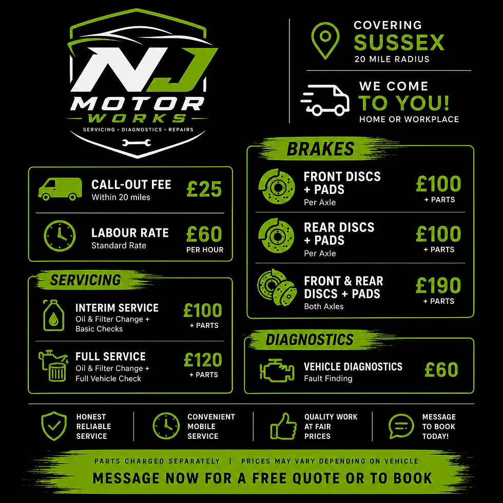 NJ Motor Works price list graphic with services and pricing details