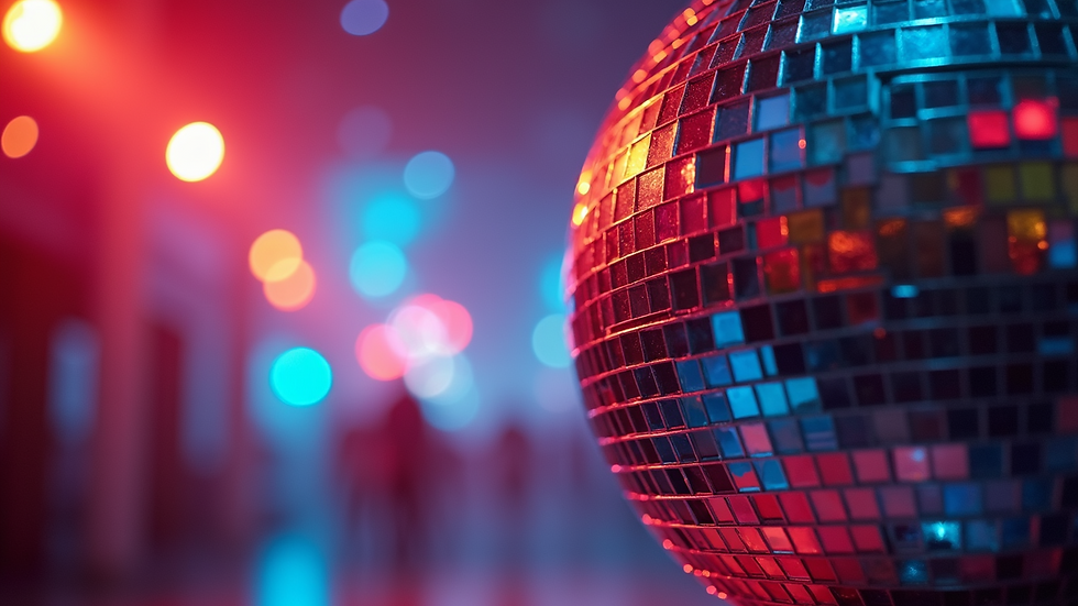 Close-up view of a colorful disco ball reflecting lights