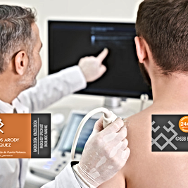 Diagnostic ultrasound is currently the first intention test in the study of painful shoulder, as it can examine the soft tissues of the shoulder region and identify direct or indirect signs of some pathologies.

It has other advantages such as:.

- Low cost

-Non-invasive and harmless

- No contraindications (pregnancy, pacemakers, metal implants, claustrophobia, among others).

- Allows comparison with the contralateral side.

- It is a dynamic study, with real-time observation of the structures during movement.

- Allows to interact with the patient, correlating the visible alteration with their discomfort or place of pain.

- It is easy to transport and accessible (intraoperative support, immediate evaluation in athletes).

- Allows to guide interventions percutaneously, both diagnostic and therapeutic